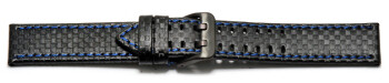 Uhrenarmband - Leder schwarz - Carbon - Doppeldorn schwarz - blaue Naht