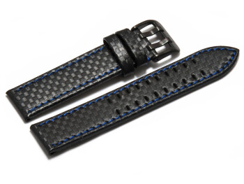 Uhrenarmband - Leder schwarz - Carbon - Doppeldorn schwarz - blaue Naht