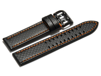 Uhrenarmband - Leder schwarz - Carbon Prägung - Doppeldorn schwarz - orange Naht 24mm