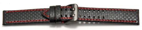 Uhrenarmband - Leder schwarz - Carbon Prägung - Doppeldorn schwarz - rote Naht 24mm