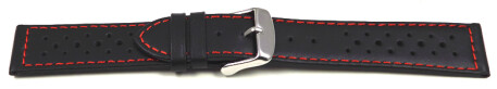 Uhrenband - Leder - Style - schwarz rote Naht - 18mm Stahl