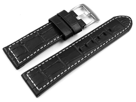 Uhrenarmband mit Breitdorn - Leder - Kroko - schwarz w. Naht - 22,24 mm
