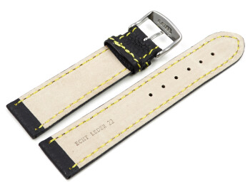 Uhrenarmband - Leder - schwarz - gelbe Naht 18mm Stahl