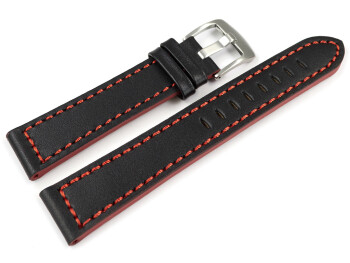 Uhrenarmband schwarz Sportiv Leder mit roter Naht 18mm...