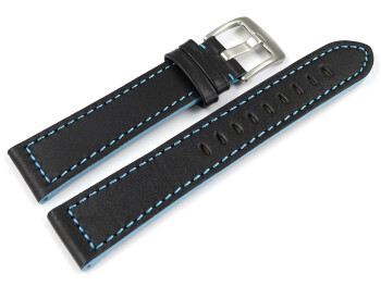 Uhrenarmband schwarz Sportiv Leder mit hellblauer Naht...