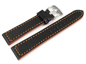Uhrenarmband schwarz Sportiv Leder mit oranger Naht 20mm