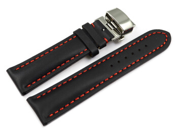 Uhrenband mit Butterfly stark gepolstert glatt schwarz rote Naht 18mm 20mm 22mm 24mm