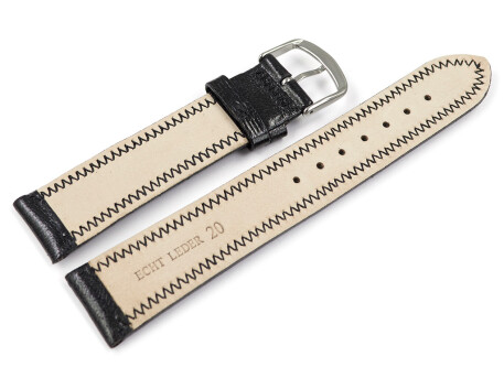 Uhrenarmband leicht glänzendes Leder schwarz mit Zickzack Naht 18mm 20mm 22mm 24mm