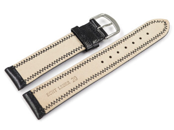 Uhrenarmband leicht glänzendes Leder schwarz mit Zickzack Naht 20mm Gold