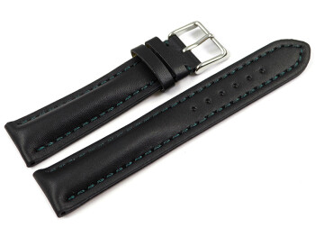 Uhrenarmband Leder stark gepolstert glatt schwarz dunkelgrüne Naht 18mm 20mm 22mm 24mm