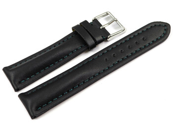 Uhrenarmband Leder stark gepolstert glatt schwarz dunkelgrüne Naht 22mm Stahl