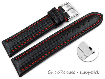 Schnellwechsel Uhrenarmband - Leder - Carbon Prägung - schwarz - rote Naht