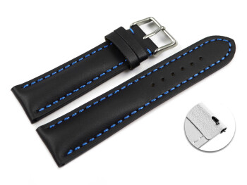 Schnellwechsel Uhrenarmband Leder stark gepolstert glatt schwarz blaue Naht 18mm Gold