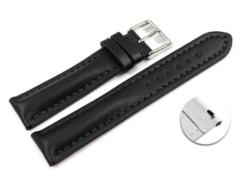 Schnellwechsel Uhrenarmband Leder stark gepolstert glatt schwarz dunkelgrüne Naht 22mm Gold