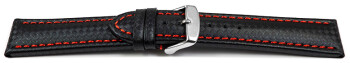 Schnellwechsel Uhrenarmband - Leder - Carbon Prägung - schwarz - rote Naht 20mm Stahl