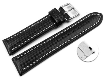 Schnellwechsel Uhrenarmband - Leder - Carbon Prägung - schwarz - weiße Naht 18mm Stahl