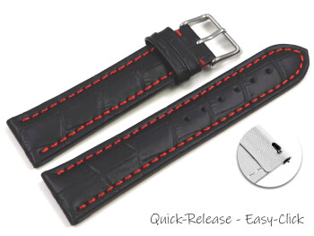 Schnellwechsel Uhrenarmband gepolstert Kroko Prägung Leder schwarz rote Naht 20mm Stahl