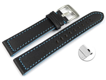 Schnellwechsel Uhrenarmband schwarz Sportiv Leder mit hellblauer Naht 22mm