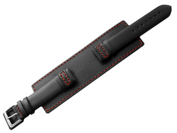 Uhrenarmband Leder schwarz Unterlage rote Naht 24mm Schwarz