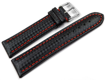 Uhrenarmband - Leder - Carbon Prägung - schwarz - rote Naht 18mm Schwarz