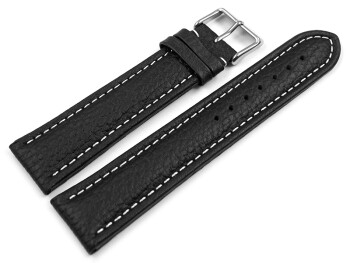 Uhrenband echtes Leder gepolstert genarbt schwarz weiße Naht 20mm Schwarz