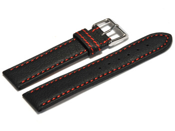 Uhrenarmband Leder schwarz rote Naht 20mm Schwarz