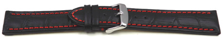 Uhrenarmband gepolstert Kroko Prägung Leder schwarz rote Naht 24mm Schwarz