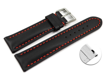 Schnellwechsel Uhrenarmband Leder stark gepolstert glatt schwarz rote Naht 20mm Schwarz