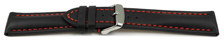 Schnellwechsel Uhrenarmband Leder stark gepolstert glatt schwarz rote Naht 24mm Schwarz