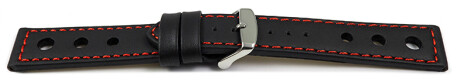 Schnellwechsel Uhrenarmband Leder gelocht schwarz rote Naht 18mm Schwarz