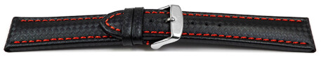 Schnellwechsel Uhrenarmband - Leder - Carbon Prägung - schwarz - rote Naht 24mm Schwarz