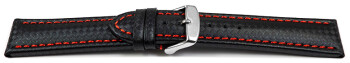 Schnellwechsel Uhrenarmband - Leder - Carbon Prägung - schwarz - rote Naht 24mm Schwarz