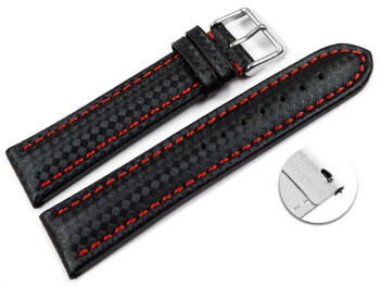 Schnellwechsel Uhrenarmband - Leder - Carbon Prägung - schwarz - rote Naht 24mm Schwarz