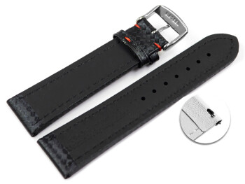 Schnellwechsel Uhrenarmband - Leder - Carbon Prägung - schwarz - rote Naht 24mm Schwarz