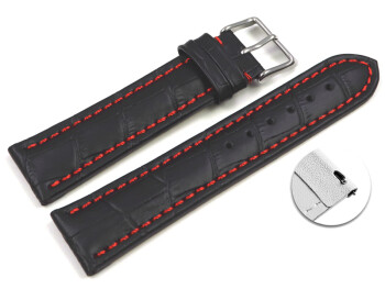 XL Schnellwechsel Uhrenarmband - Kroko Prägung - gepolstert - Leder - schwarz - rote Naht XL 22mm Schwarz