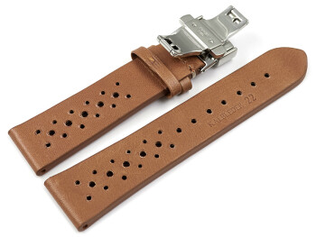 Uhrenarmband mit Butterfly atmungsaktiv gelocht hellbraun aus Leder 22mm Gold