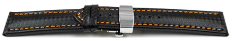 Uhrenarmband mit Butterfly Leder Carbon Prägung schwarz orange Naht  18mm 20mm 22mm 24mm