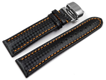 Uhrenarmband mit Butterfly Leder Carbon Prägung schwarz orange Naht  18mm 20mm 22mm 24mm