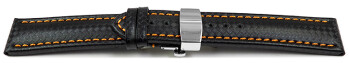 Uhrenarmband mit Butterfly Leder Carbon Prägung schwarz orange Naht 20mm schwarz