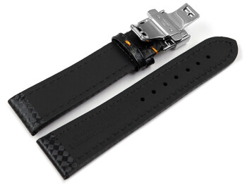 Uhrenarmband mit Butterfly Leder Carbon Prägung schwarz orange Naht 22mm Gold