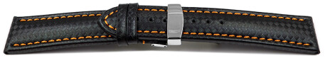 Uhrenarmband Kippfaltschließe Leder Carbon schwarz oranger Naht 20mm Stahl