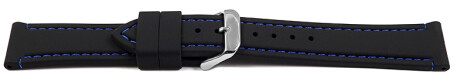 Schnellwechsel Uhrenarmband schwarz mit blauer Naht aus Silikon 24mm Stahl