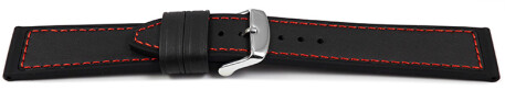 Uhrenarmband Silikon-Leder Hybrid  schwarz mit roter Naht 18mm 20mm 22mm