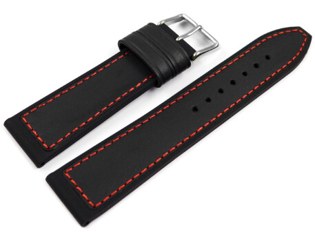 Uhrenarmband Silikon-Leder Hybrid  schwarz mit roter Naht...