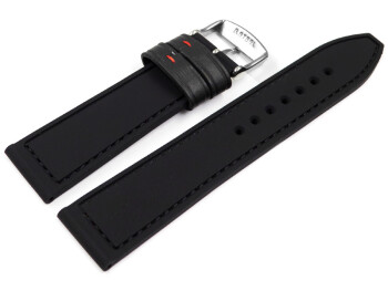 Uhrenarmband Silikon-Leder Hybrid  schwarz mit roter Naht 22mm Schwarz