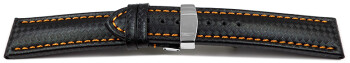 Uhrenarmband Kippfaltschließe Leder Carbon schwarz oranger Naht 18mm Schwarz