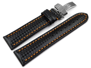 Uhrenarmband Kippfaltschließe Leder Carbon schwarz oranger Naht 18mm Schwarz
