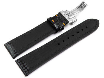 Uhrenarmband Kippfaltschließe Leder Carbon schwarz oranger Naht 20mm Schwarz