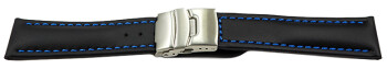 Faltschließe Uhrenband Leder Glatt schwarz blaue Naht 18mm 20mm 22mm 24mm 26mm