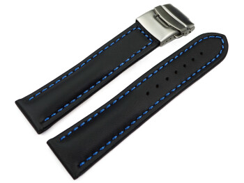 Faltschließe Uhrenband Leder Glatt schwarz blaue Naht 18mm 20mm 22mm 24mm 26mm